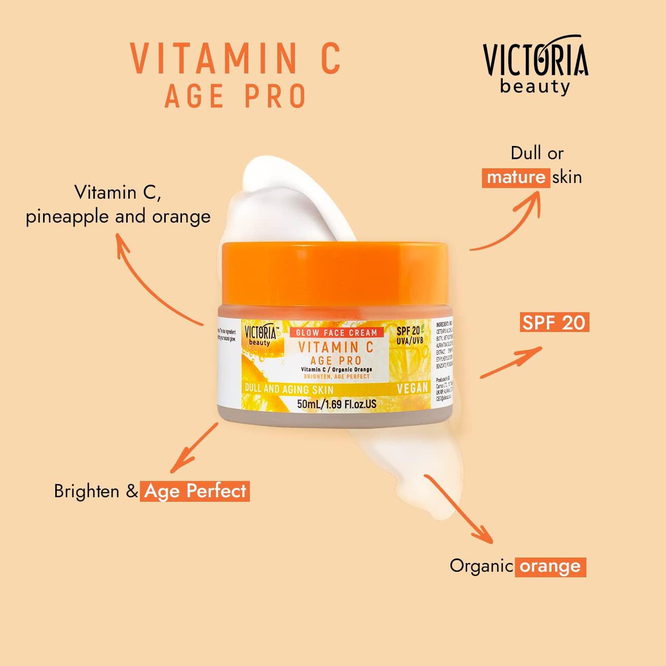 Victoria Beauty Vitamin C Face Cream with 20 SPF - Dark Spot Treatment - Vegan, 82% Natural