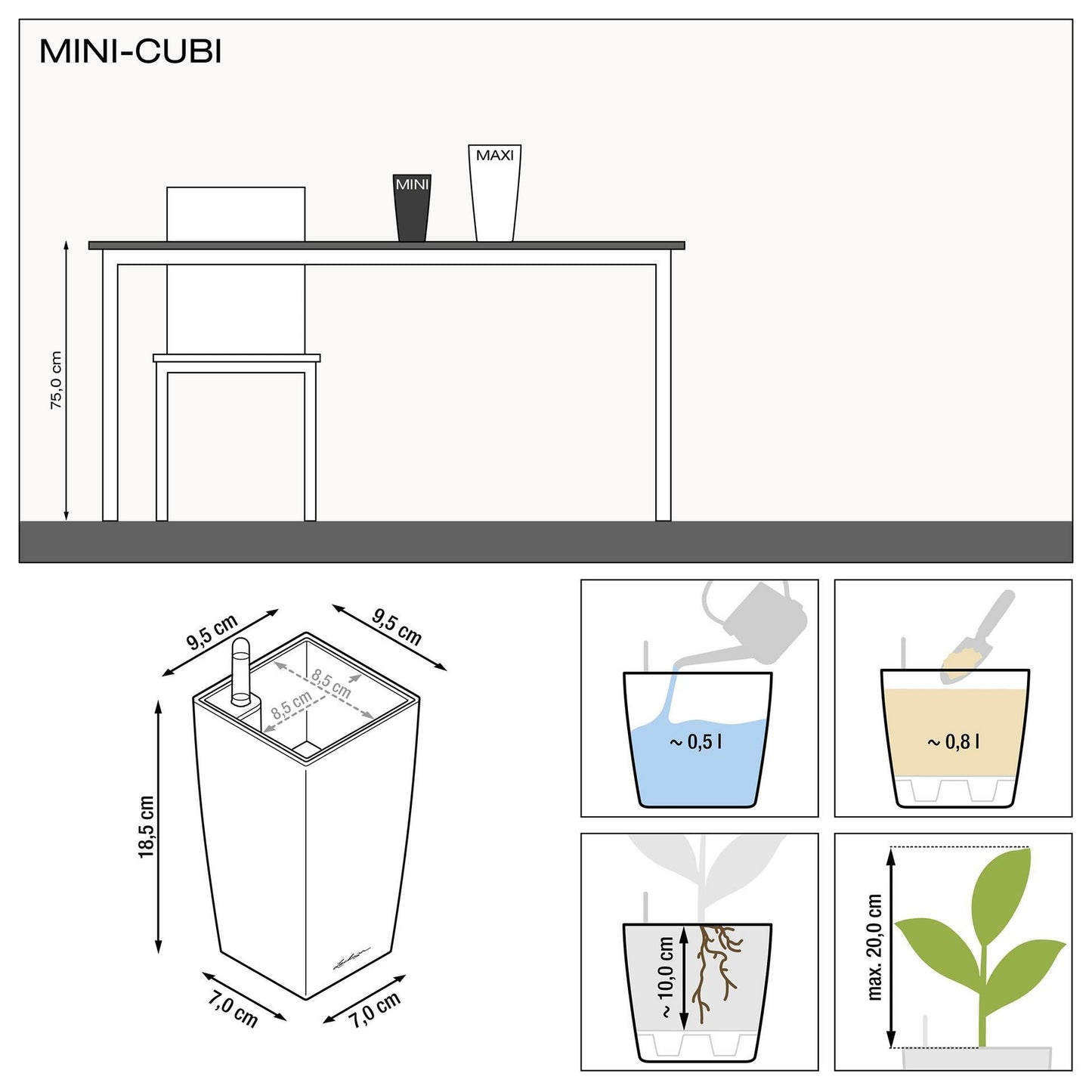 LECHUZA MINI CUBI Table Poly Resin Table Self-watering Planter with Substrate and Water Level Indicator