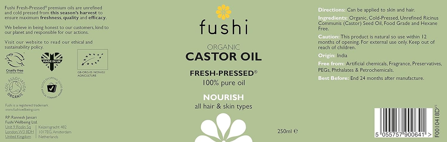 Fushi Organic Castor Oil 250ml 100% Pure Cold & Fresh-Pressed For Dry Skin
