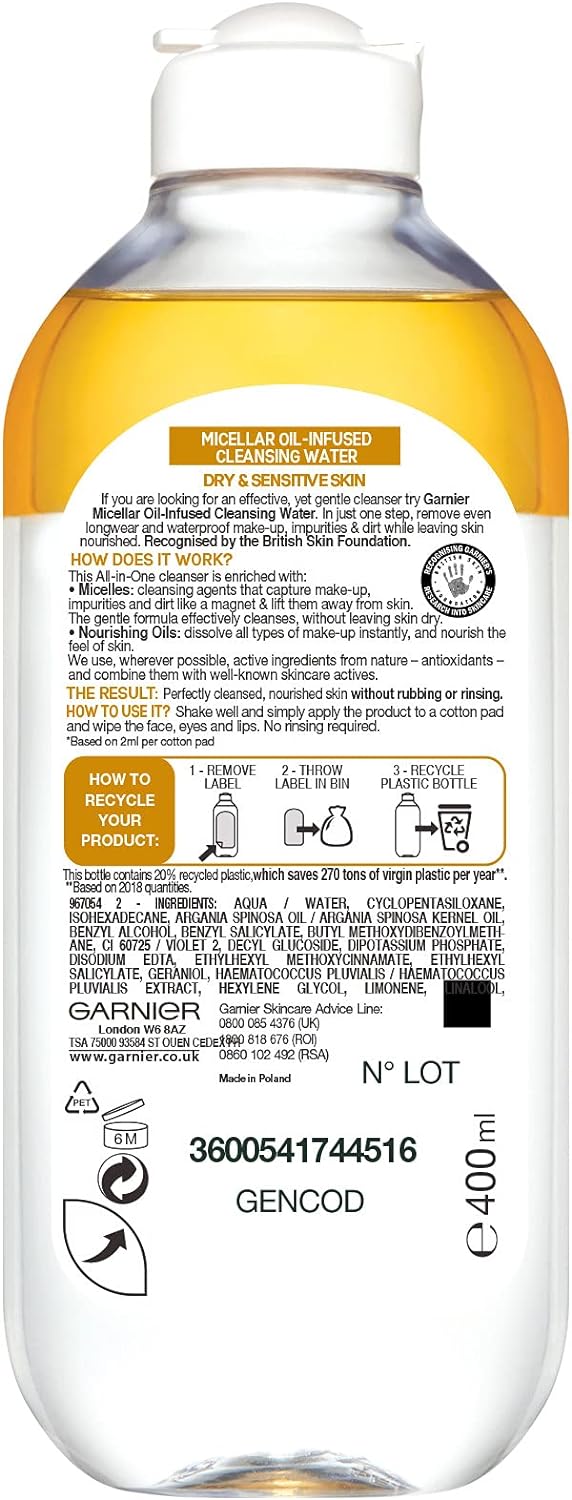 Garnier Micellar Cleansing Water, Oil-Infused, 400ml