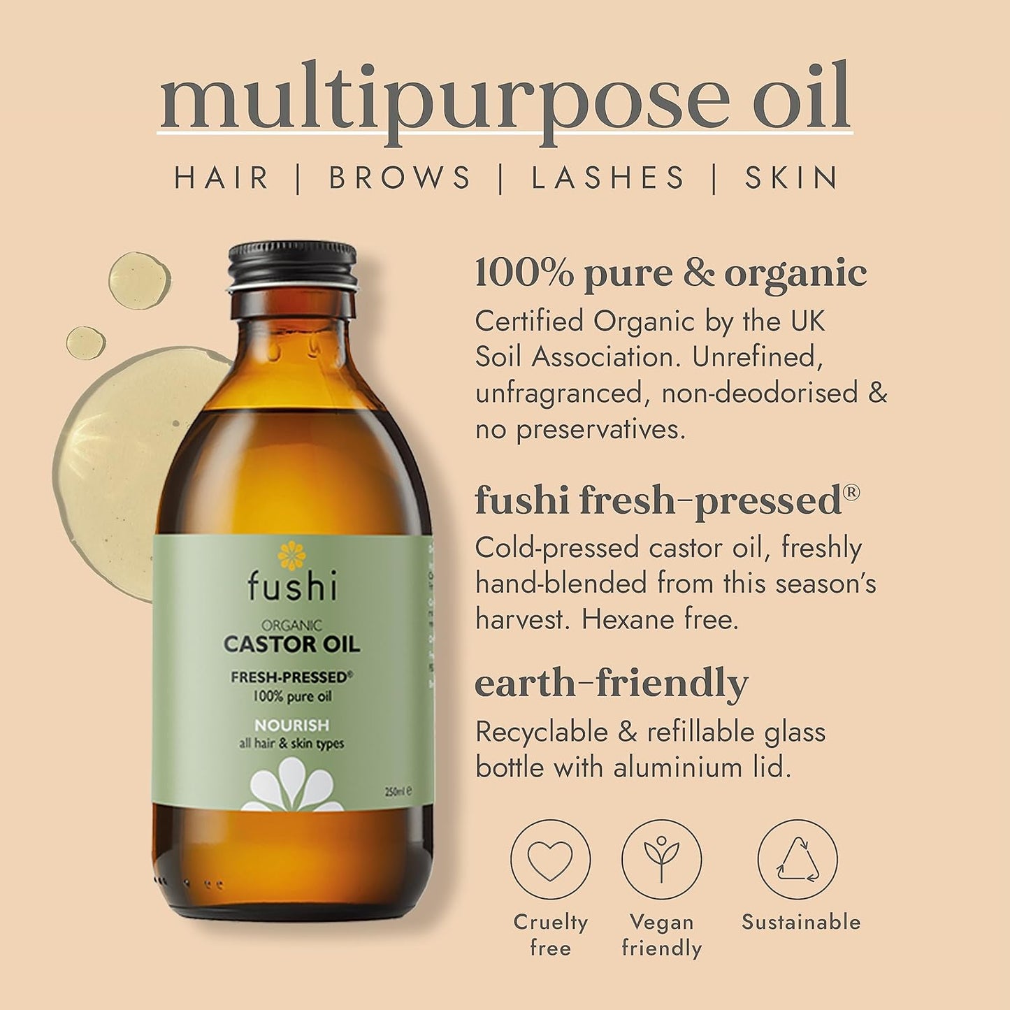 Fushi Organic Castor Oil 250ml 100% Pure Cold & Fresh-Pressed For Dry Skin