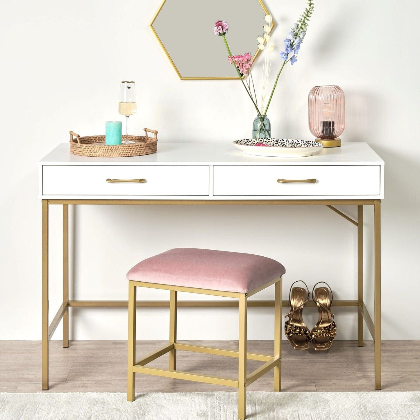 Elland 22.5cm Glass Table Lamp, Blush Pink & Gold