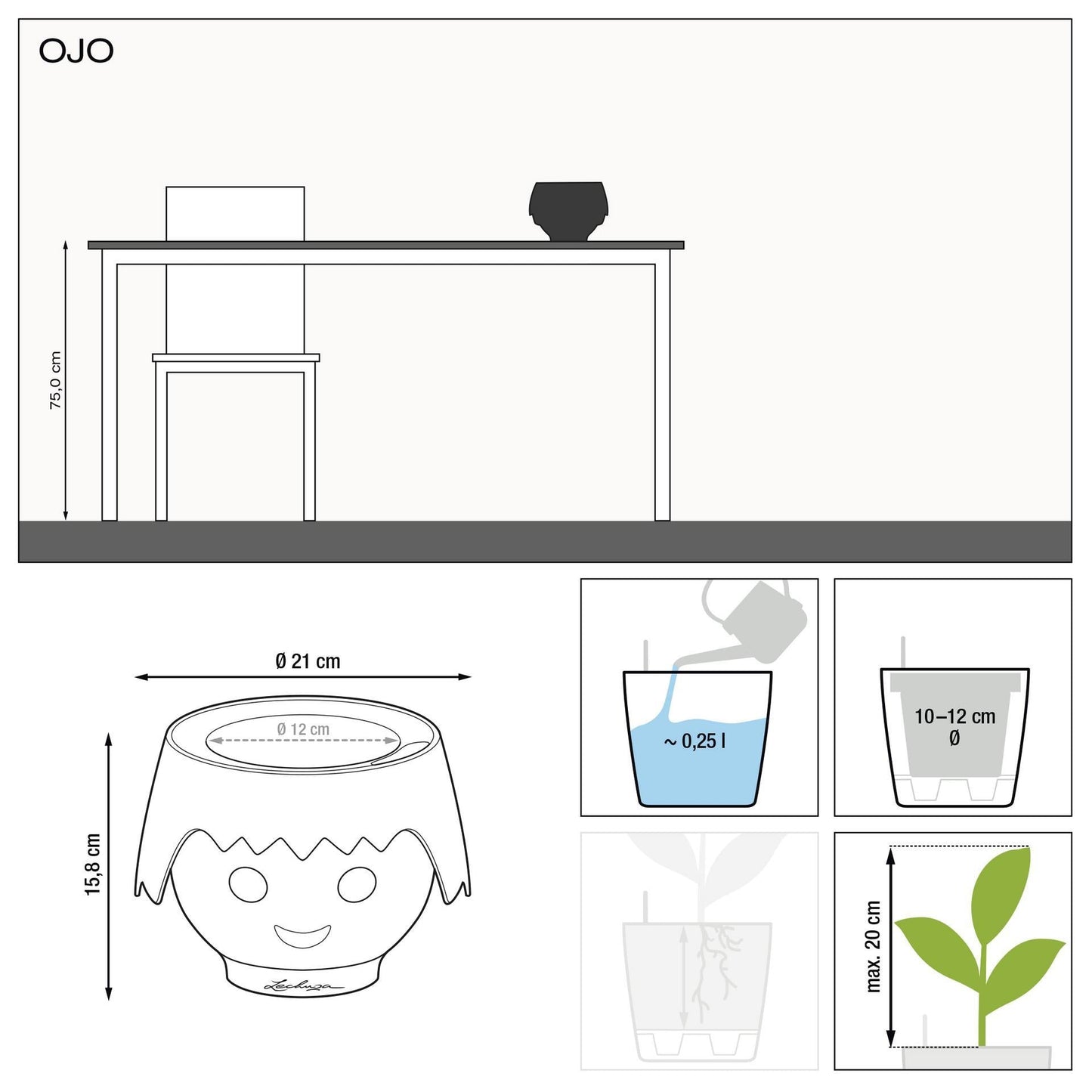 LECHUZA OJO Poly Resin Table Self-watering Planter with Substrate and Water Level Indicator