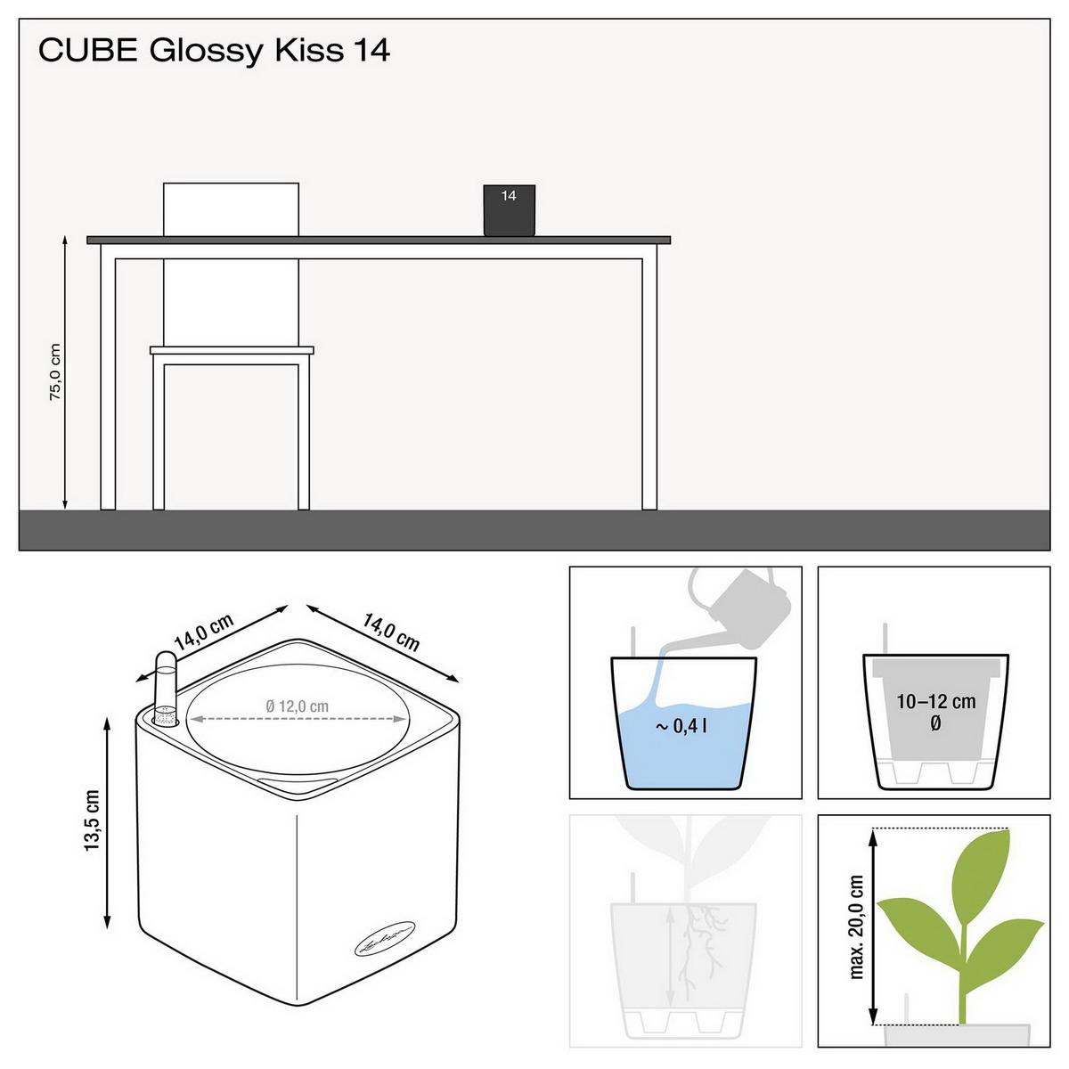 LECHUZA CUBE Glossy Kiss 14 Poly Resin Table Self-watering Planter with Water Level Indicator